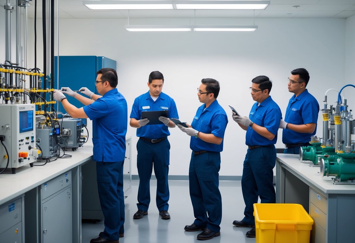 A group of inspectors conducting thorough examinations and tests on various industrial equipment and machinery in a controlled laboratory setting discussing the benefits of ISO 17020