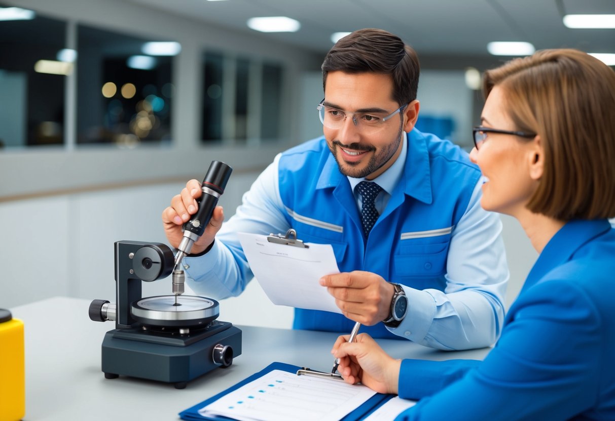 A professional inspector examining a precision instrument with a checklist and a satisfied client looking on and understanding the benefits of ISO 17020