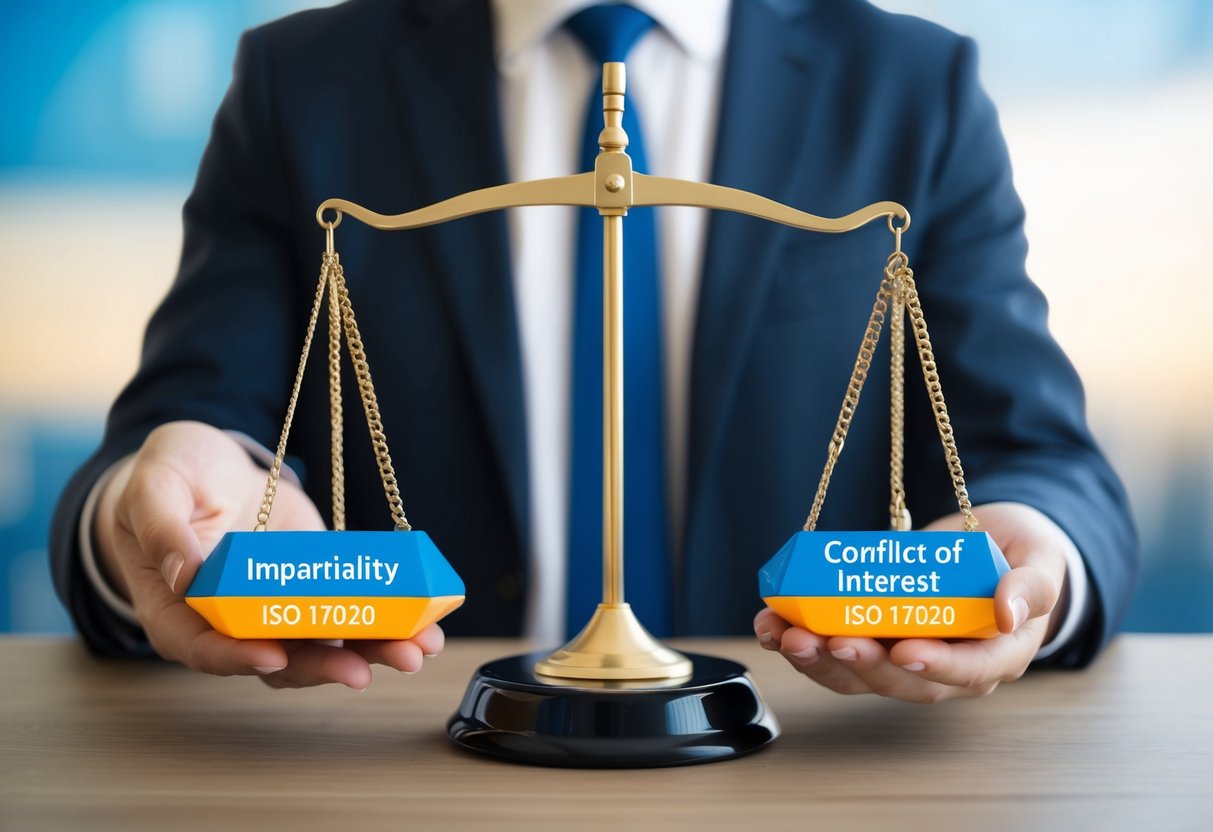 A balance scale with two sides, one labeled "Impartiality" and the other "Conflict of Interest," symbolizing the benefits of iso 17020