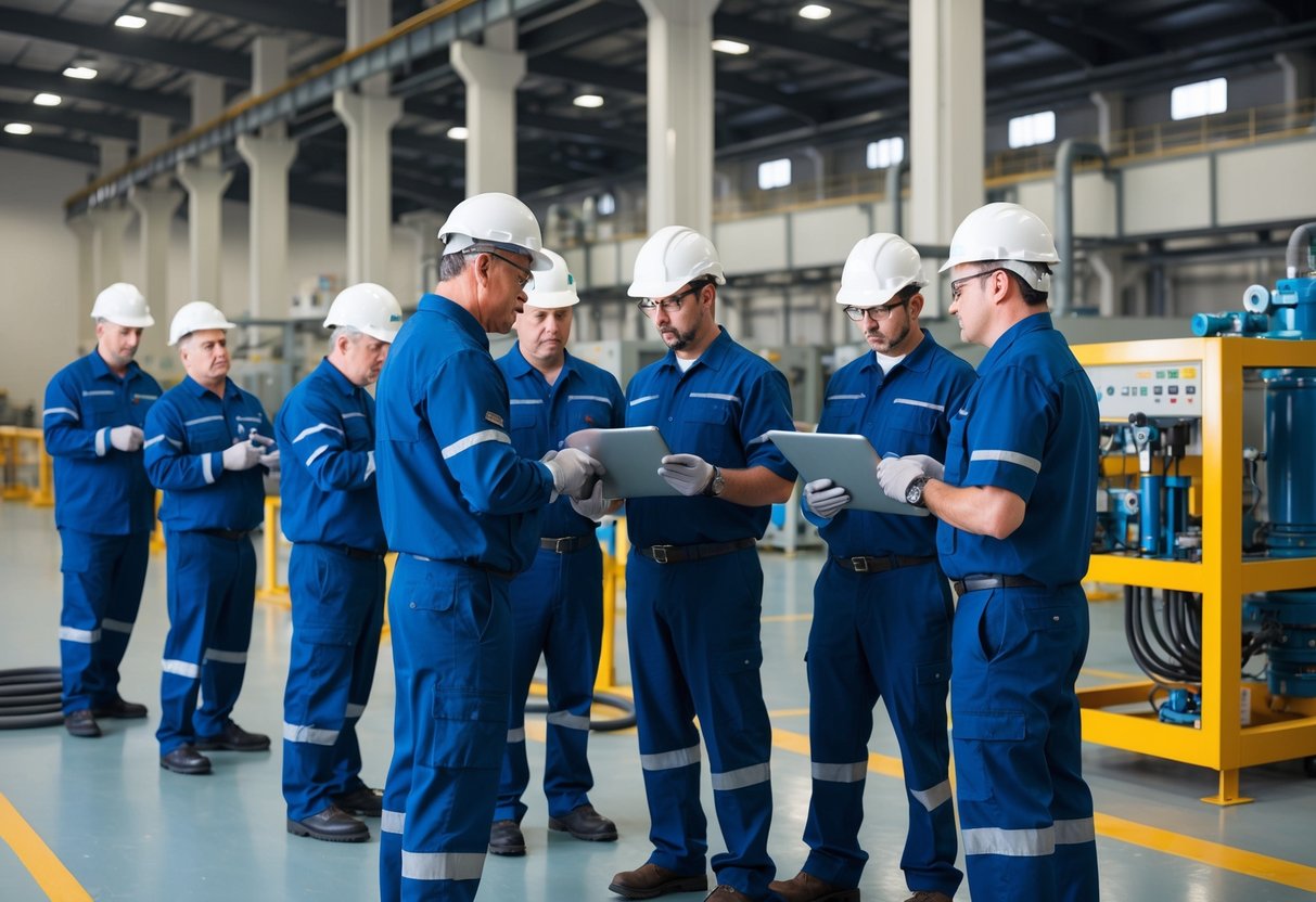 A group of inspectors conducting thorough examinations of various industrial facilities, using specialized equipment and tools to ensure compliance with ISO/IEC 17020 standards