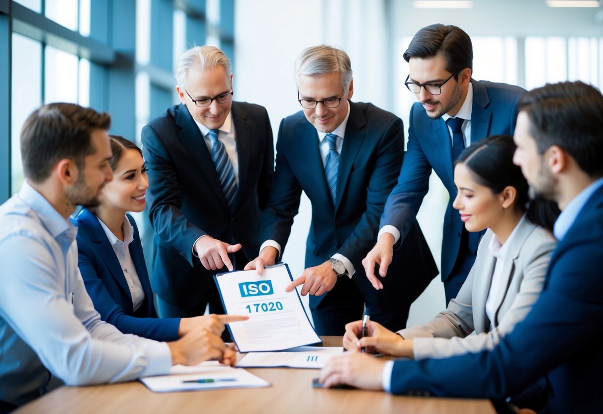 A group of people gathered around a table, discussing and pointing to a document with the ISO 17020 logo