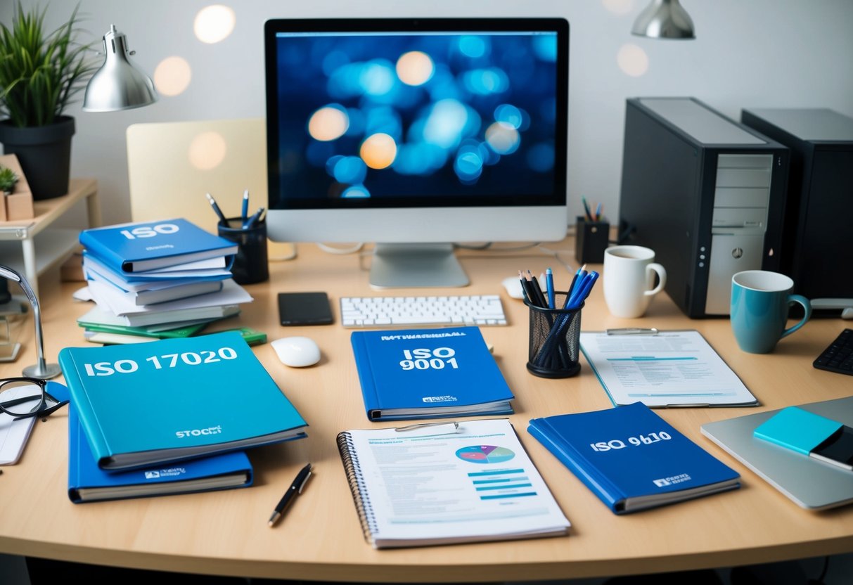 A cluttered desk with ISO 17020 vs ISO 9001 standards manuals, a computer, and various office supplies