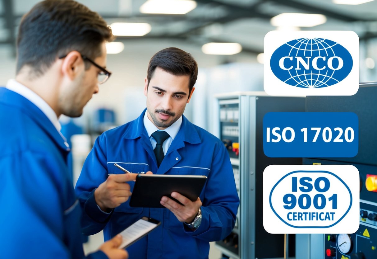 A quality control inspector examining equipment with ISO 17020 vs ISO 9001 certification logos displayed prominently