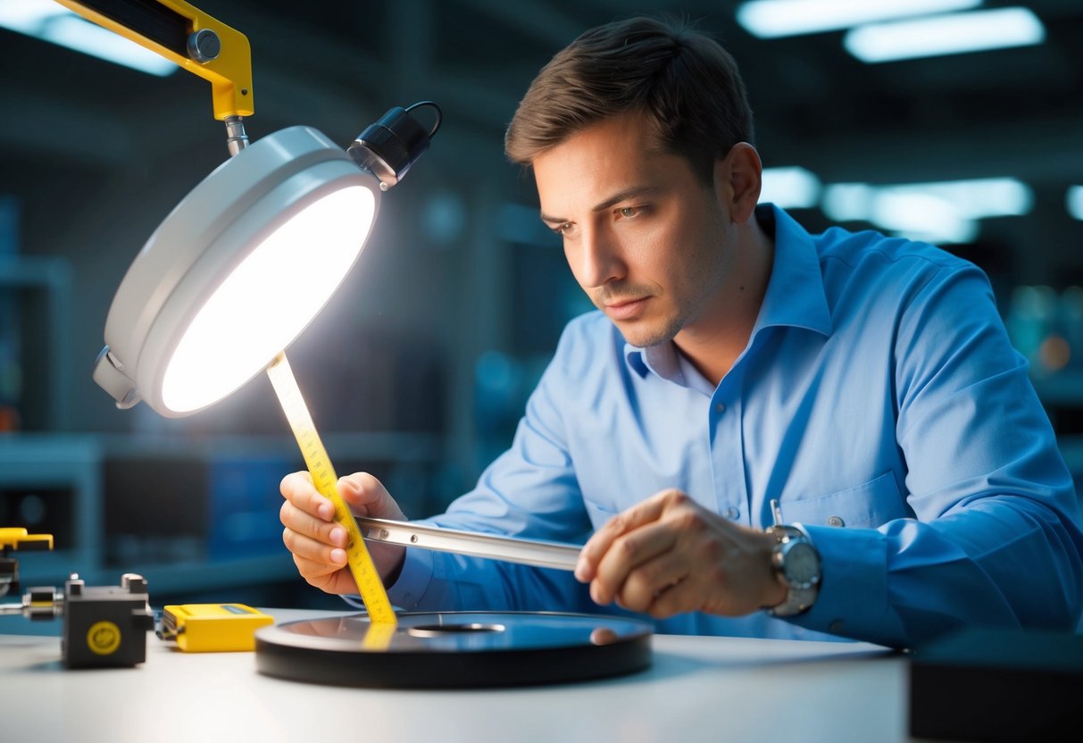 A quality inspector examining a product under a bright light, using measuring tools and equipment to ensure compliance with ISO 17020 and ISO 9001 standards