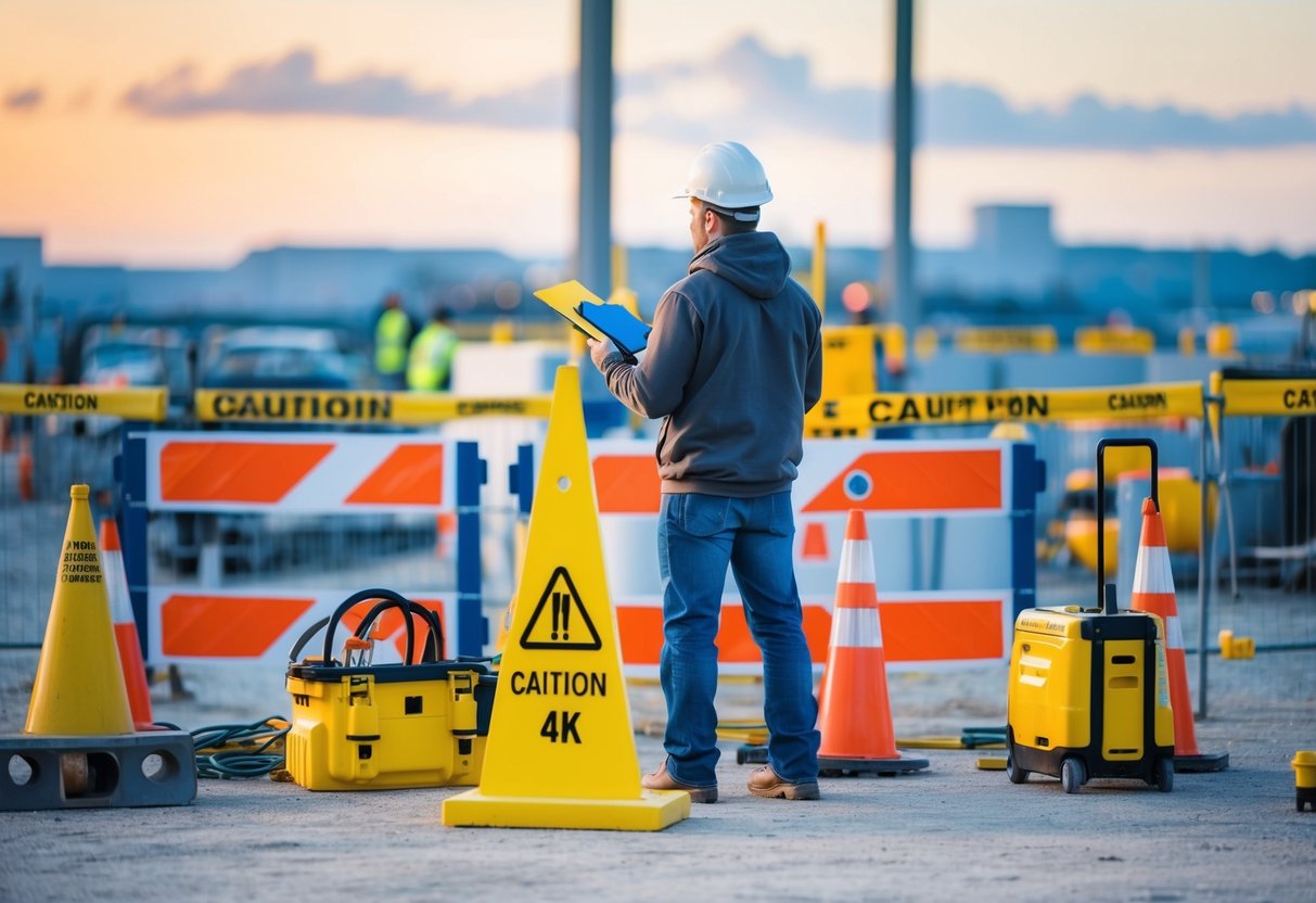 A person inspecting a construction site with various tools and equipment, surrounded by safety barriers and caution signs trying to understand what is ISO 17020 implementation 