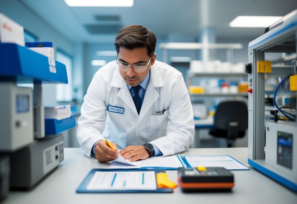 An inspector examining equipment and documentation in a laboratory setting for ISO 17020 implementation