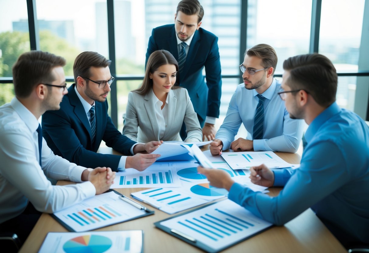 A group of professionals discussing and brainstorming ideas around a table, with documents and charts spread out in front of them