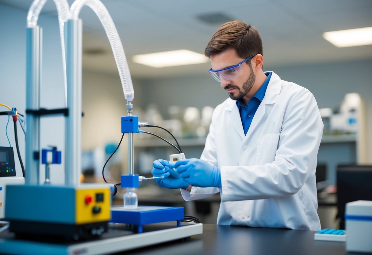 A laboratory technician calibrating equipment and conducting tests in a controlled environment