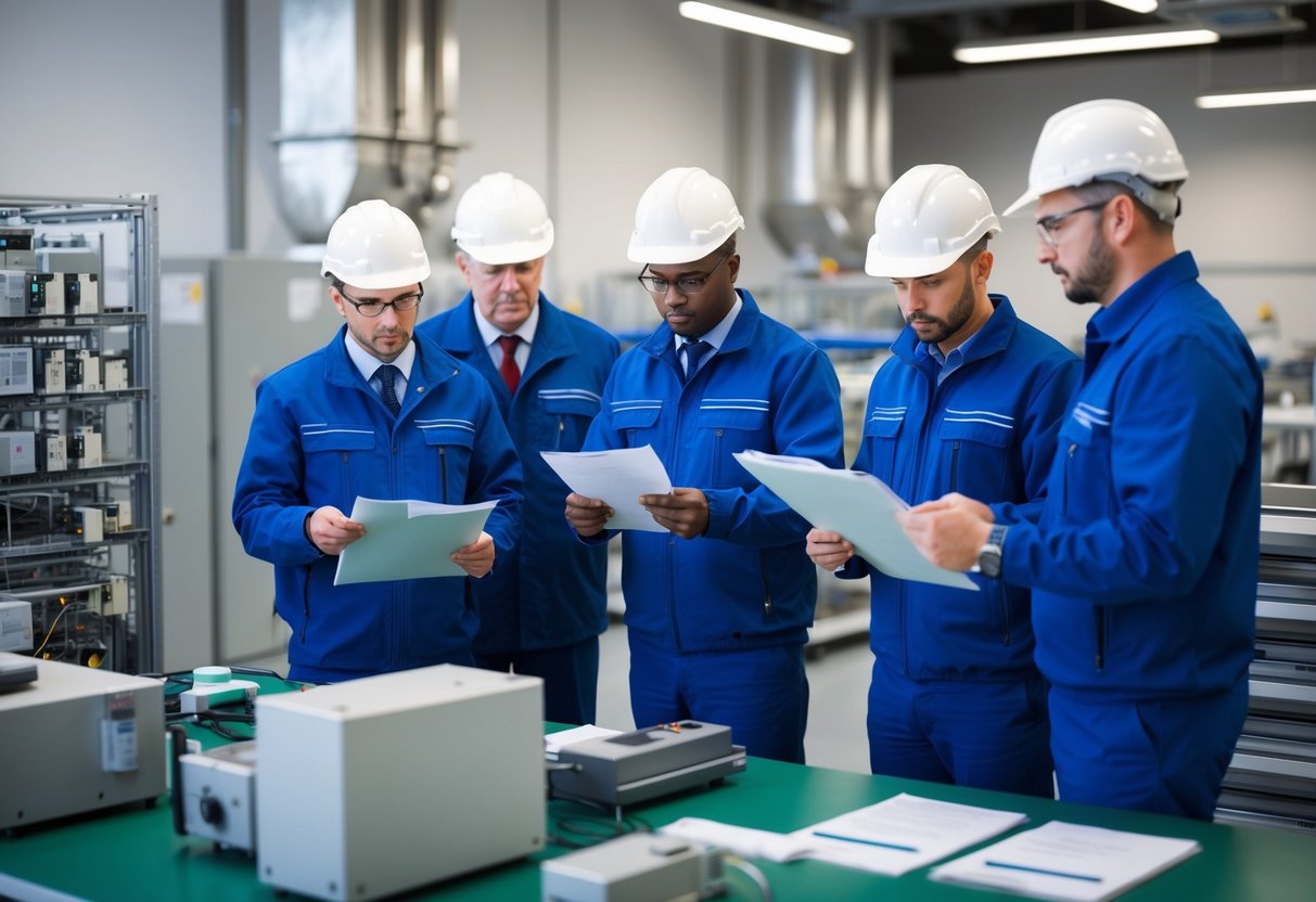 A group of inspectors conducting thorough examinations and assessments of various facilities and equipment to ensure ongoing compliance with ISO 17020 standards