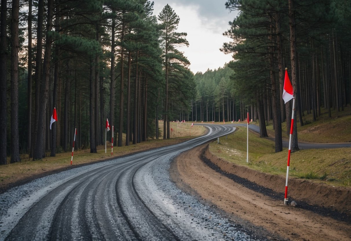 En slingrande skogsstig med grus och lera, flankerad av höga tallar och markerad med röda och vita rallyflaggor