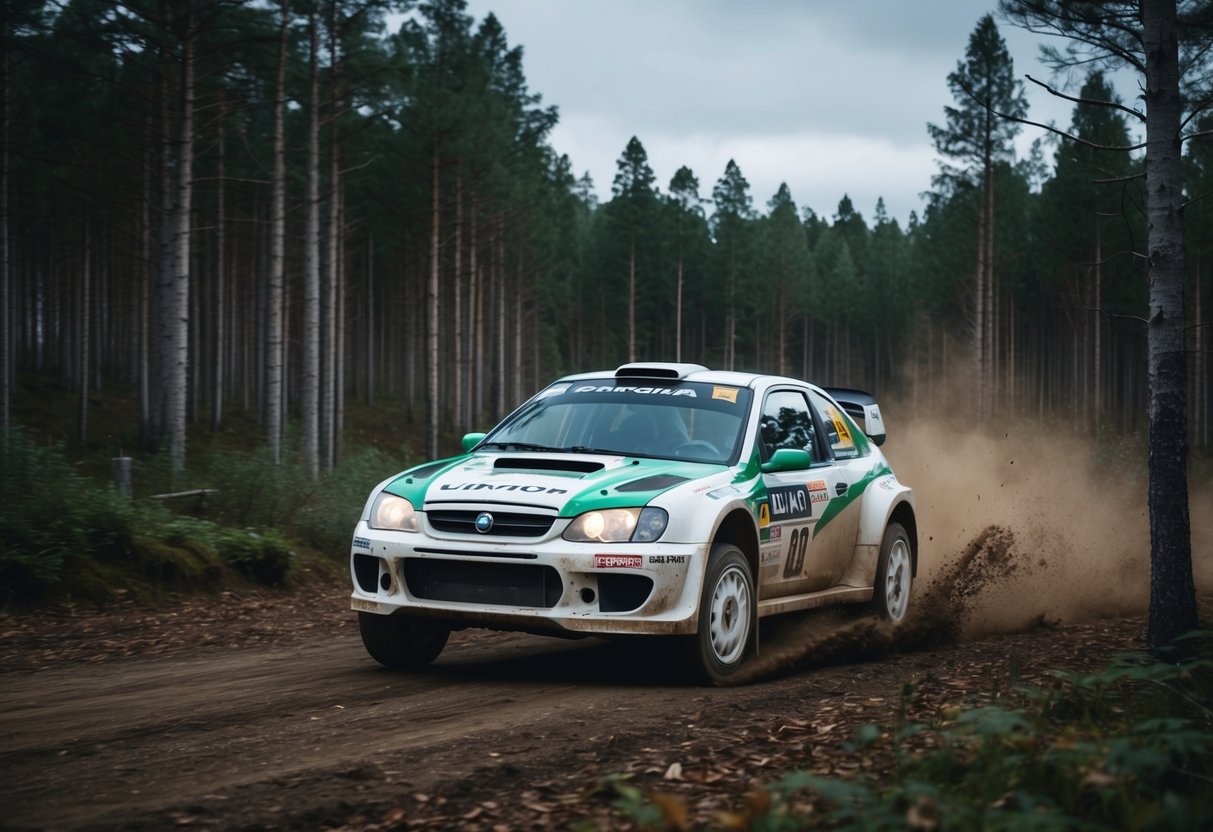 En rallybil som kör snabbt genom en tät skog, sprutar upp jord och löv medan den navigerar skarpa svängar och hopp på det tuffa finska terrängen.