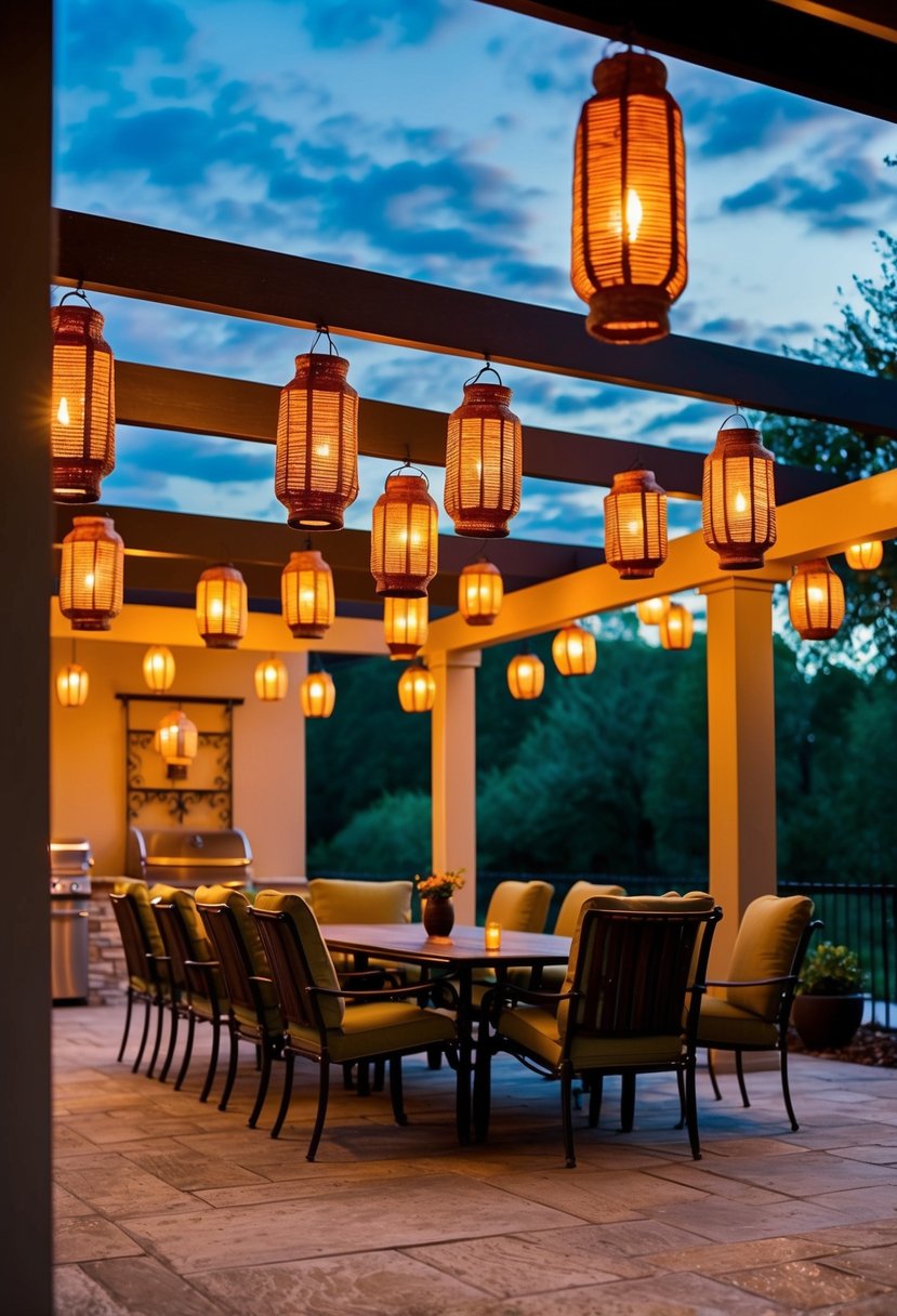 A patio adorned with 20 hanging lanterns casting a warm glow over the outdoor space