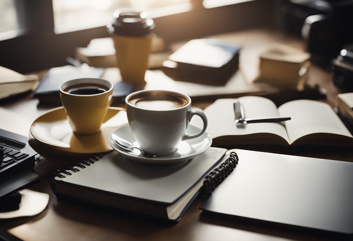 A desk cluttered with notebooks, pens, and a laptop. A steaming cup of coffee sits next to a stack of books on writing