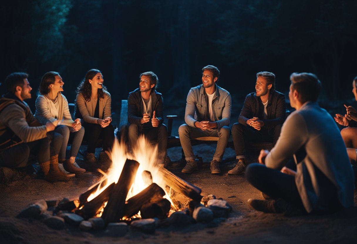 A person sitting by a campfire, surrounded by a group of attentive listeners, gesturing and engaging in animated storytelling