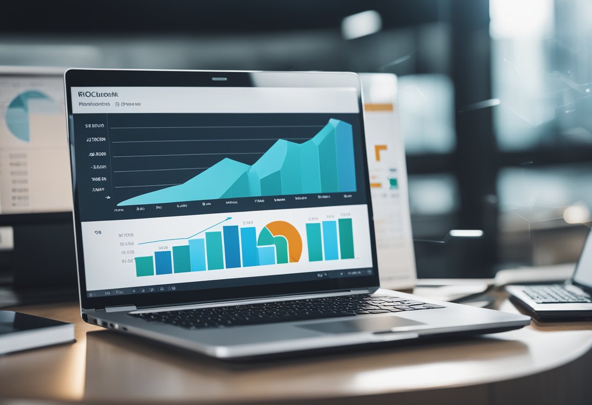 A laptop displaying a graph with increasing ROI, surrounded by various marketing analytics tools and a calculator