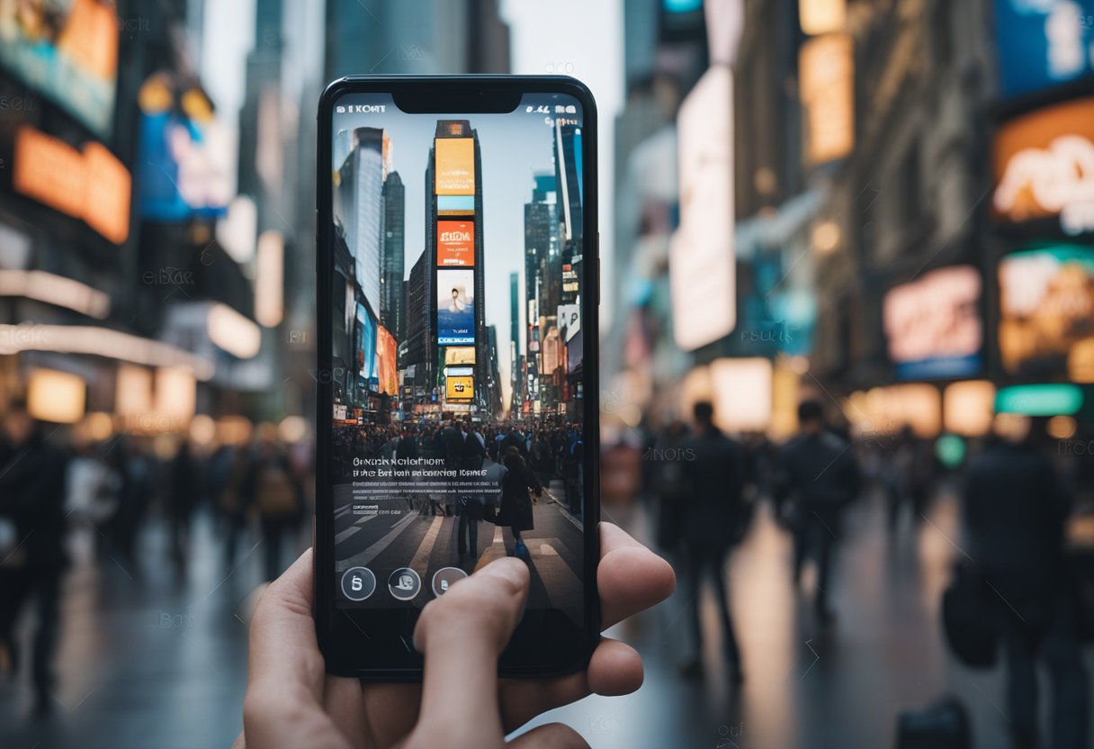 A bustling city street with billboards and posters competing for attention. A person scrolling through a phone, ignoring traditional ads