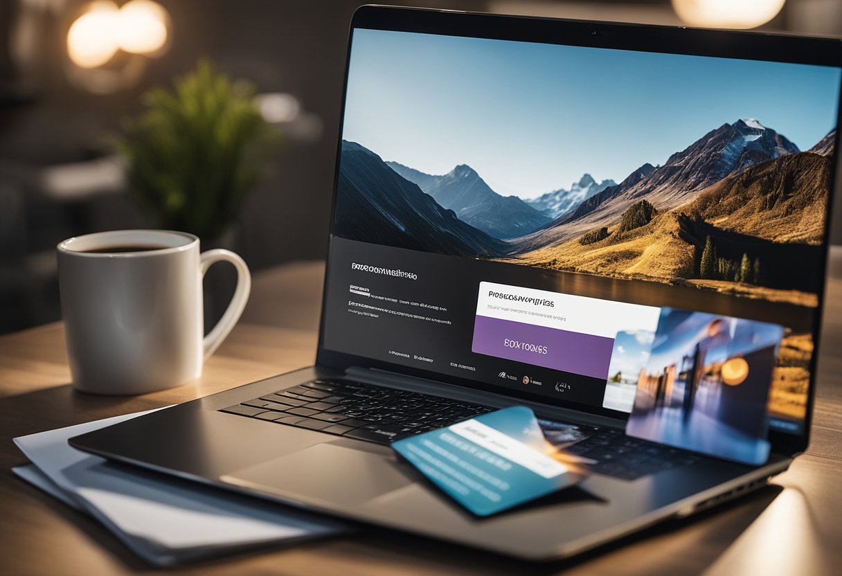 A modern laptop surrounded by traditional marketing materials like brochures, flyers, and business cards, with a spotlight shining on the laptop screen