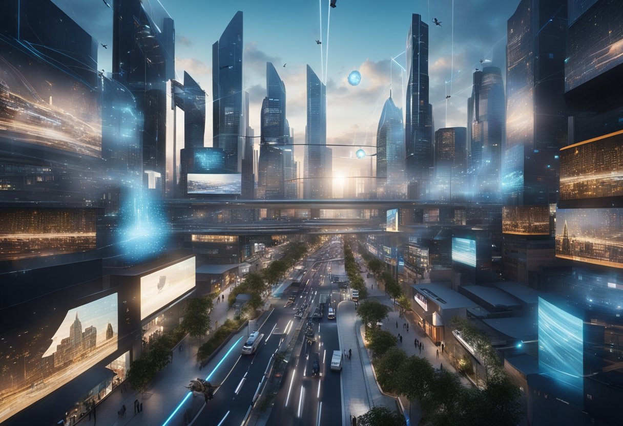 A futuristic cityscape with holographic billboards and data streams pulsing through the air. Drones and autonomous vehicles navigate the bustling streets, while digital screens display content across the urban landscape