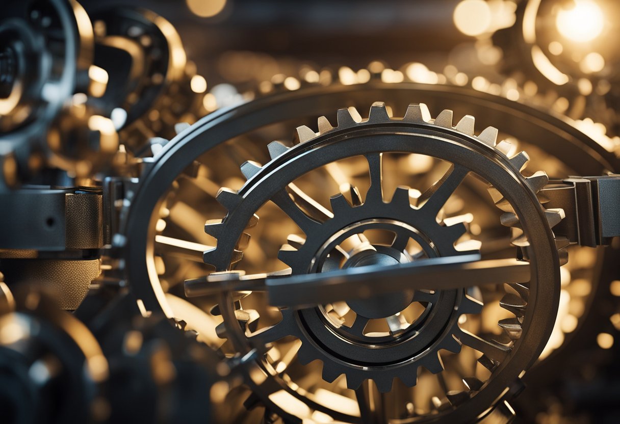 A network of interconnected gears, pulleys, and conveyor belts symbolizing the intricate system of content distribution channels, with a spotlight shining on the central mechanism