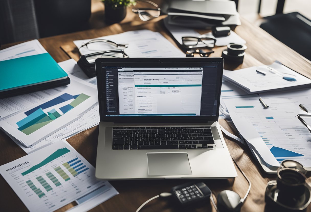 A desk cluttered with marketing materials, a laptop open to a spreadsheet, and various documents scattered around