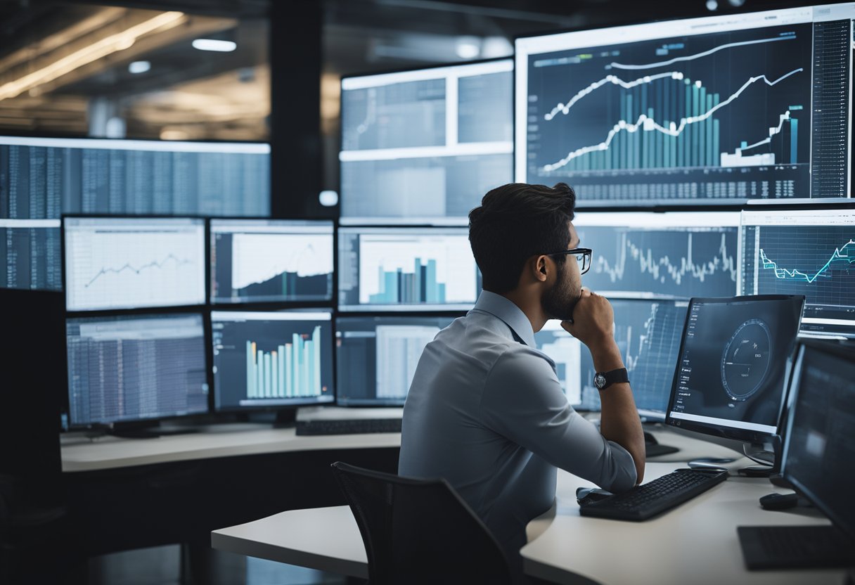 A person analyzing data on a computer screen, surrounded by charts and graphs, with a thoughtful expression