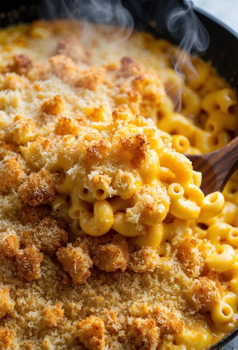 A bubbling skillet of classic cheddar mac and cheese, with golden breadcrumbs on top, surrounded by steam rising from the dish