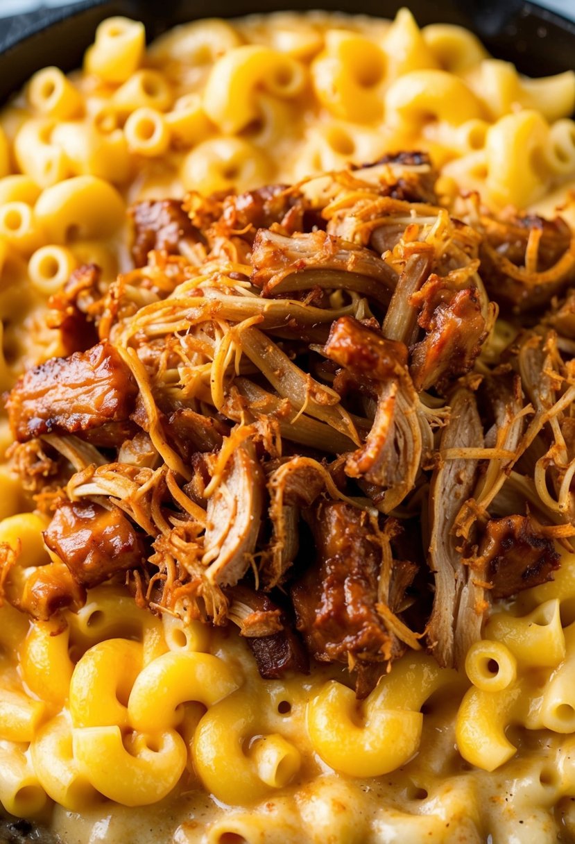 A sizzling skillet filled with creamy mac and cheese topped with tender BBQ pulled pork, bubbling and golden brown