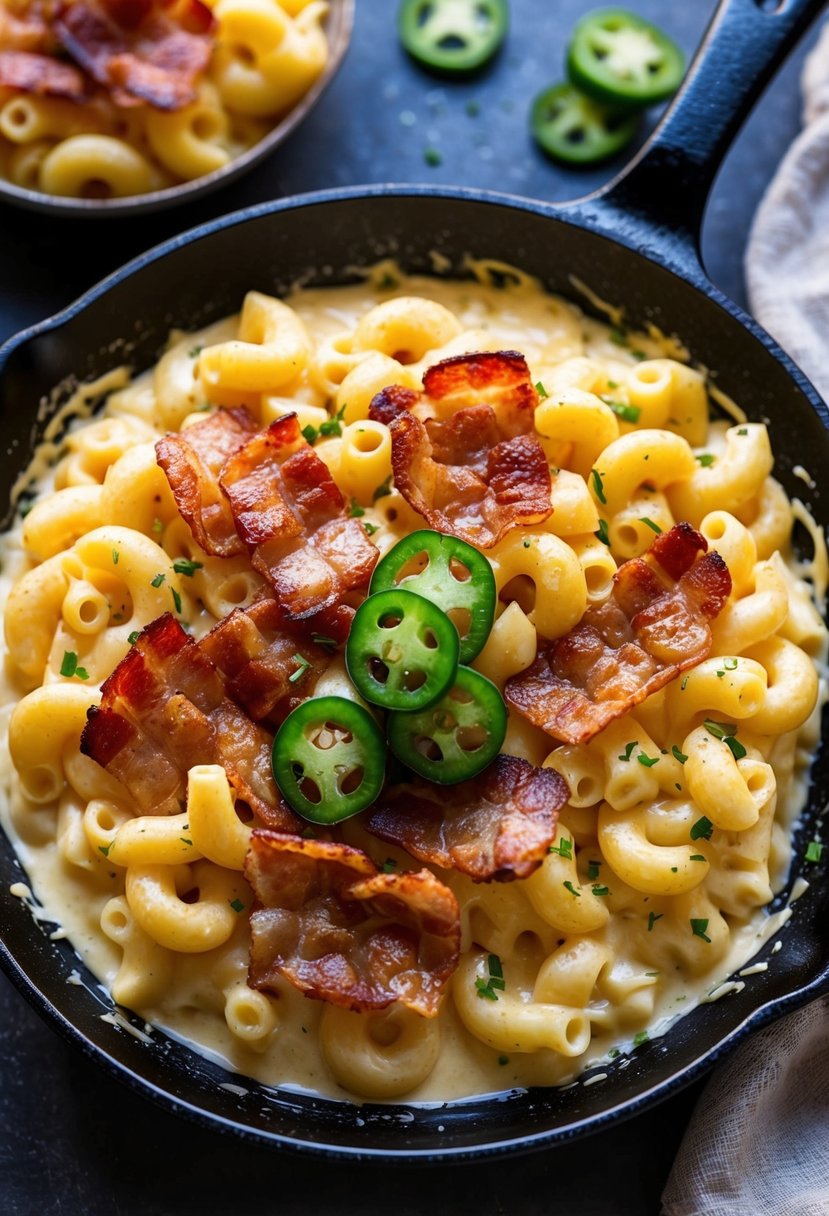 A sizzling skillet filled with creamy mac and cheese, topped with crispy bacon and spicy jalapeños