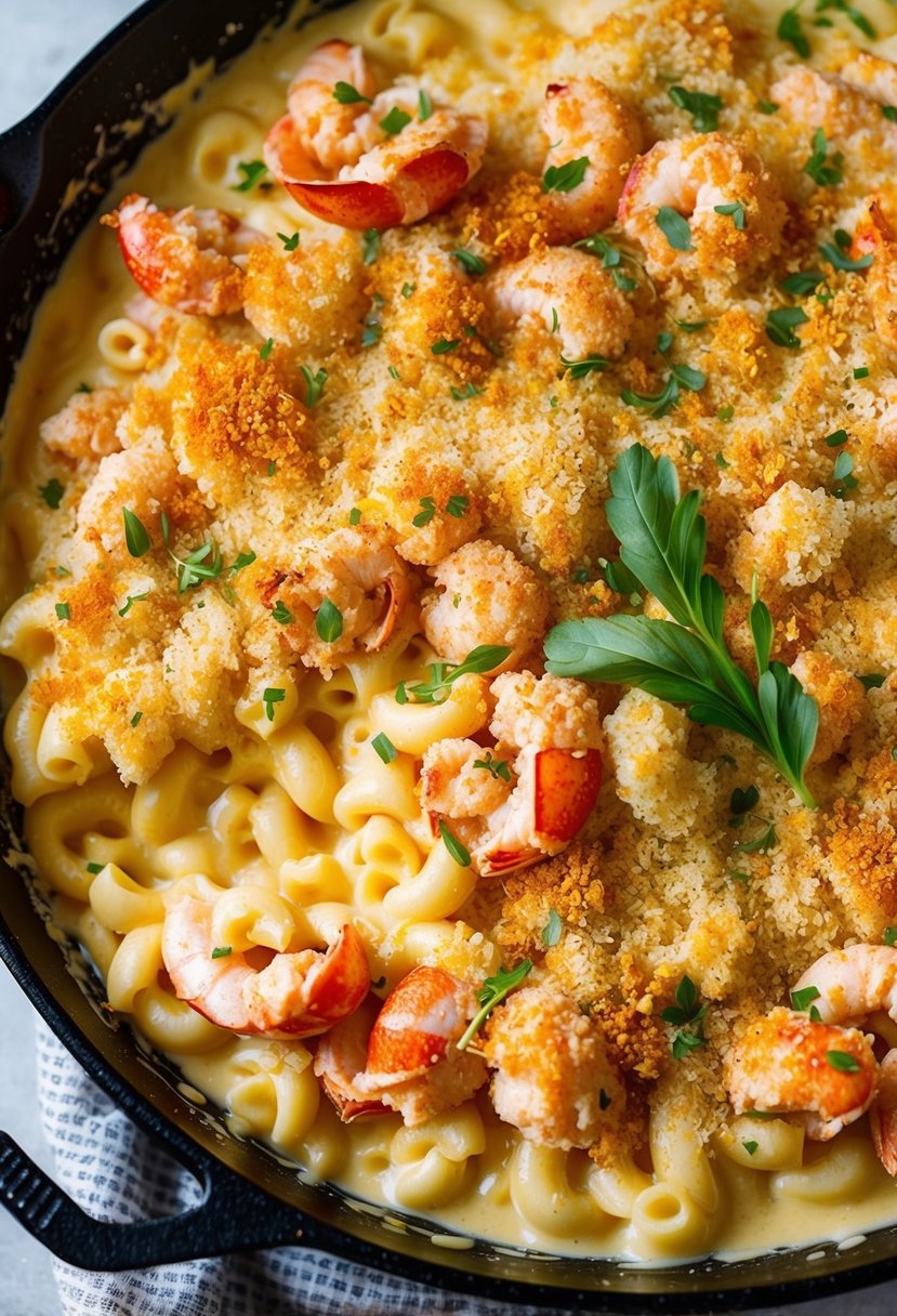 A bubbling skillet filled with creamy lobster mac and cheese, topped with golden breadcrumbs and garnished with fresh herbs