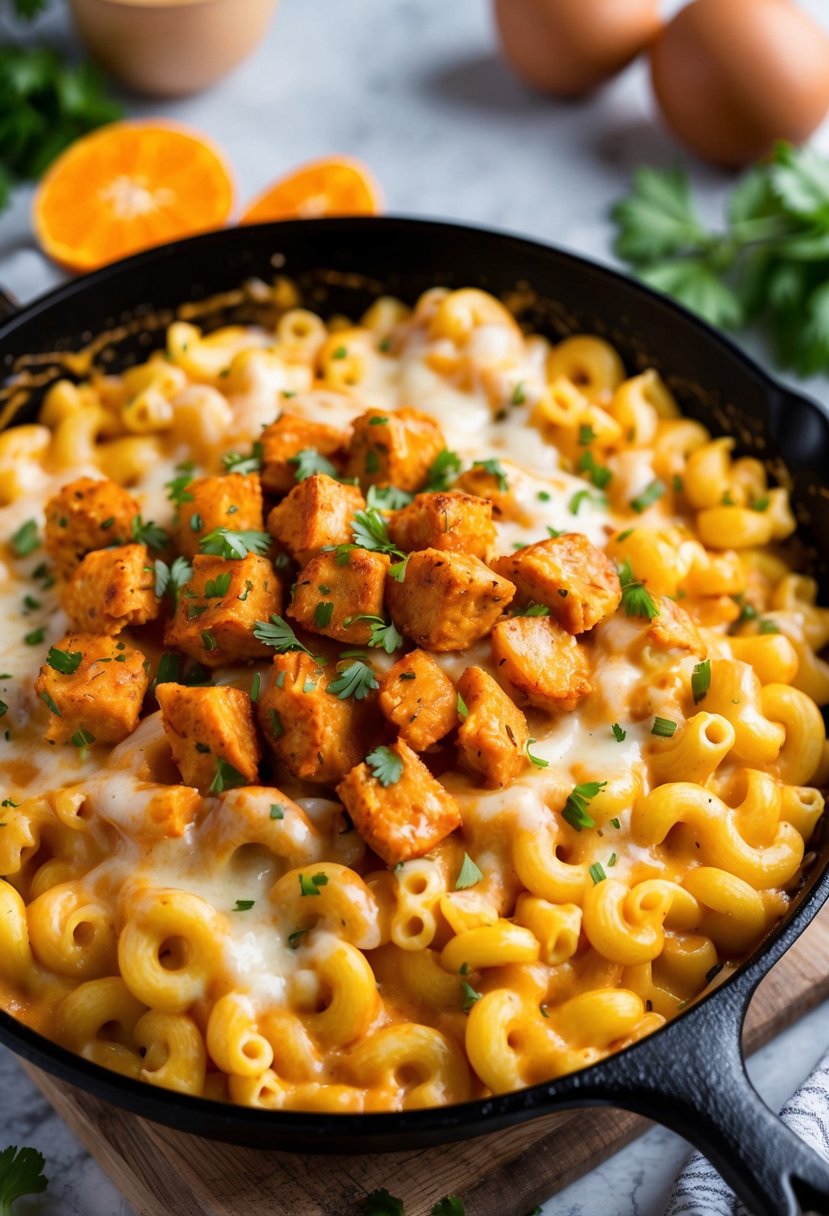 A bubbling skillet filled with creamy mac and cheese, topped with chunks of buffalo chicken and melted cheese, surrounded by a warm and inviting kitchen setting