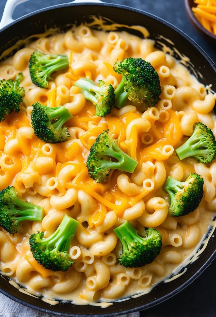 A bubbling skillet filled with creamy mac and cheese, topped with steamed broccoli and melted cheddar cheese