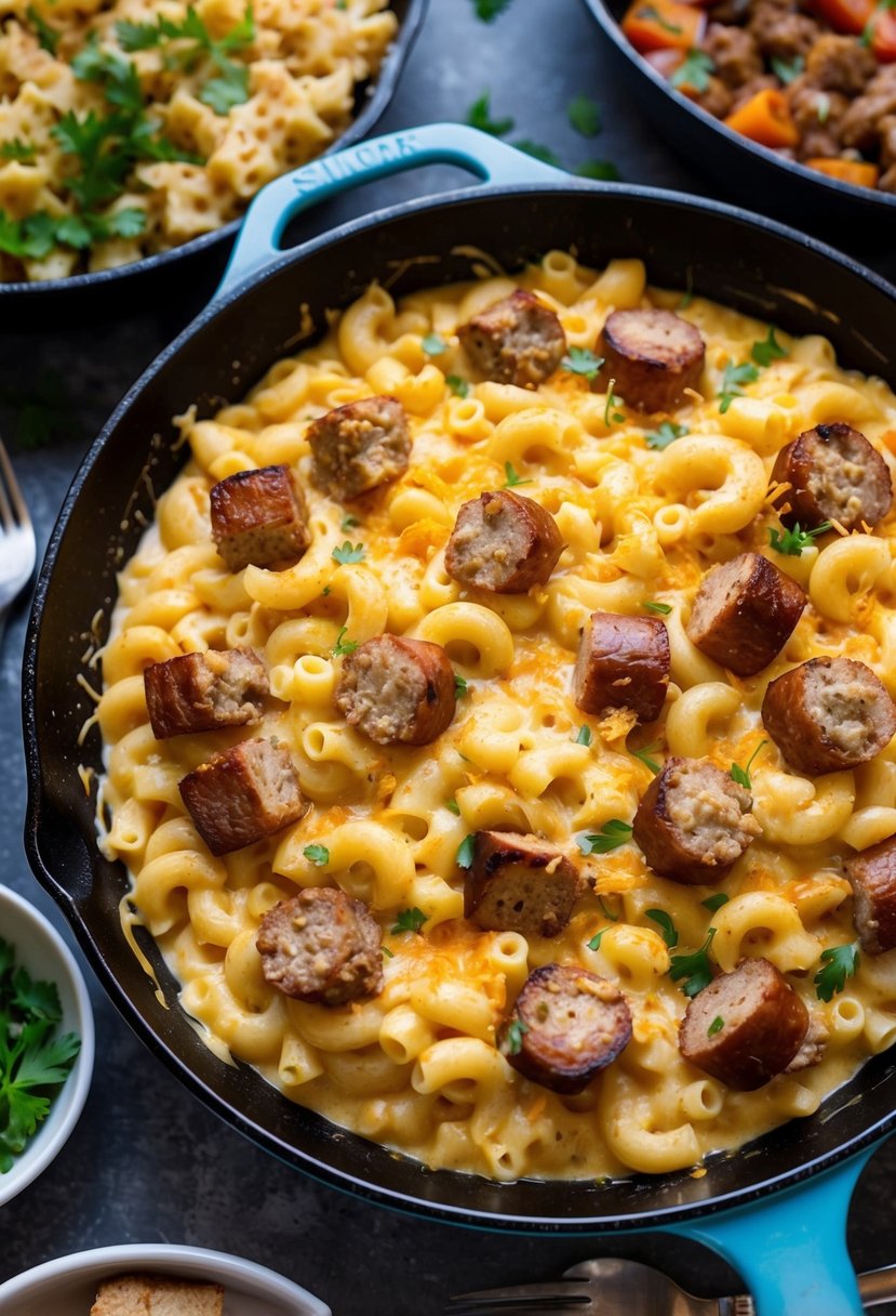 A bubbling skillet of creamy mac and cheese with chunks of Italian sausage, surrounded by a variety of other skillet dinner options