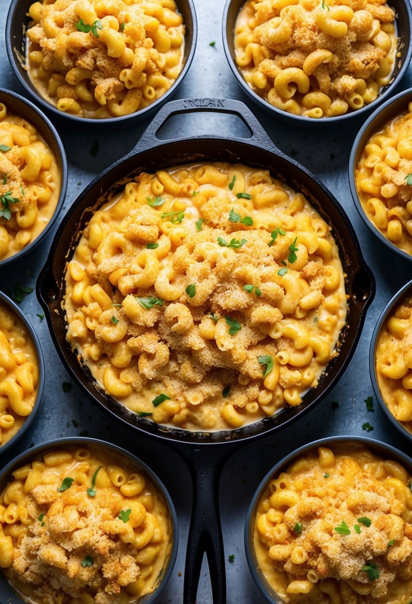 A bubbling skillet filled with creamy four-cheese mac and cheese, surrounded by 10 additional skillets of the same dish