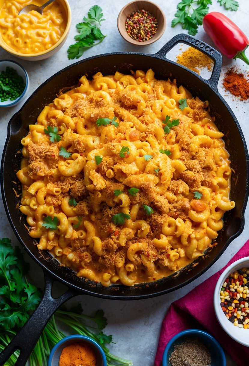 A sizzling skillet filled with Tex-Mex mac and cheese, surrounded by colorful ingredients and spices