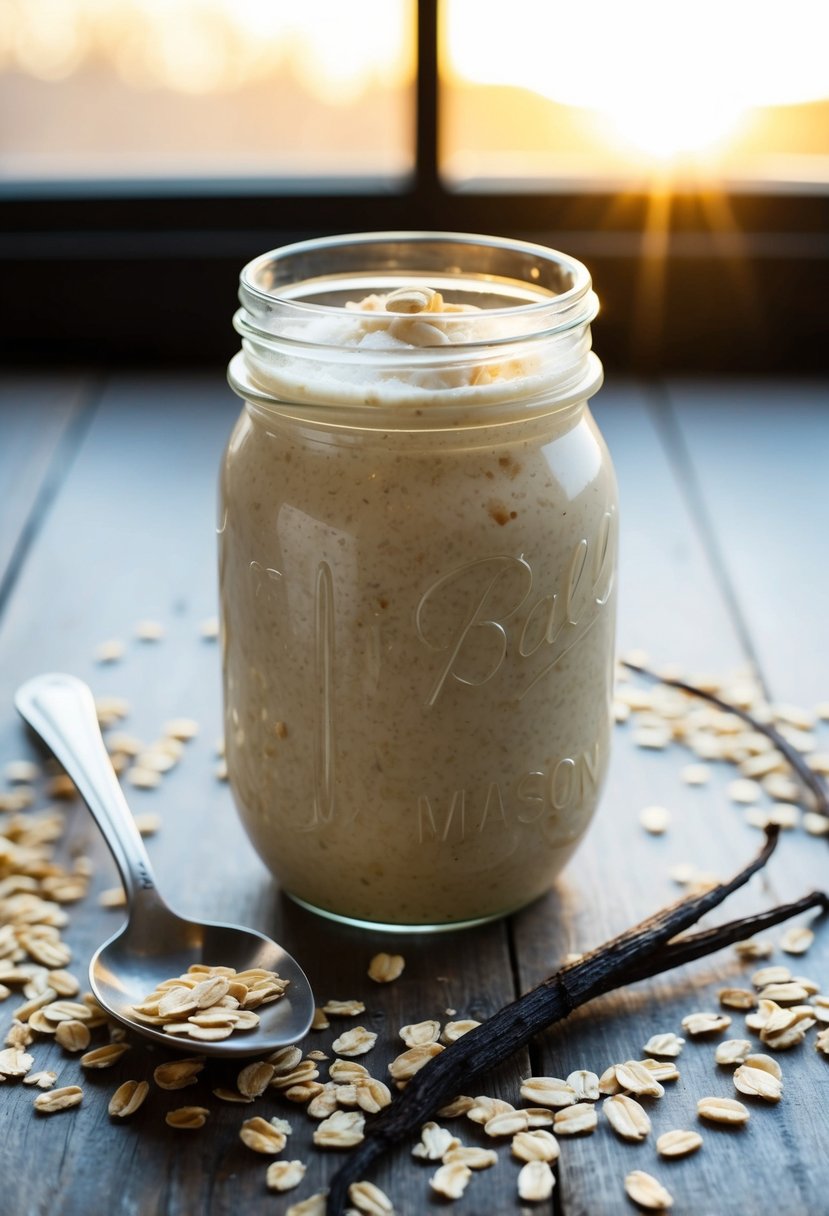 These 23 Overnight Oats Recipes Will Transform Your Morning Routine 2 A mason jar filled with creamy vanilla oats, surrounded by scattered oats, vanilla pods, and a spoon. Sunrise light streams through a window onto the scene