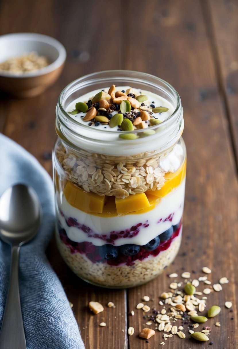 These 23 Overnight Oats Recipes Will Transform Your Morning Routine 4 A glass jar filled with layers of oats, yogurt, and mixed berries, topped with a sprinkle of nuts and seeds, sitting on a wooden table