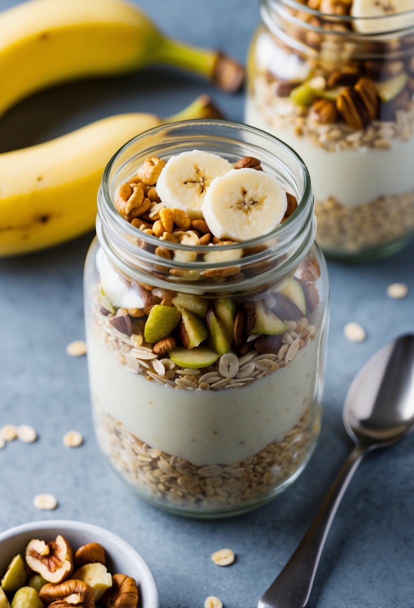 These 23 Overnight Oats Recipes Will Transform Your Morning Routine 6 A glass jar filled with layers of oats, banana slices, and nuts, with a spoon resting on the side