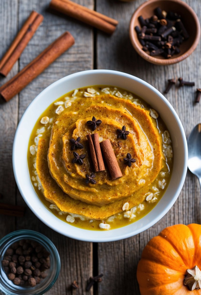 These 23 Overnight Oats Recipes Will Transform Your Morning Routine 9 A bowl of pumpkin spice overnight oats sits on a rustic wooden table, surrounded by ingredients like cinnamon sticks, cloves, and a small pumpkin