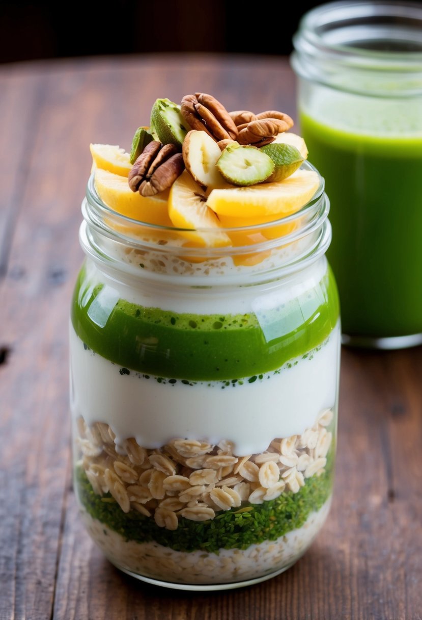 These 23 Overnight Oats Recipes Will Transform Your Morning Routine 10 A glass jar filled with layers of oats, matcha green tea, and milk, topped with sliced fruit and nuts, sitting on a wooden table