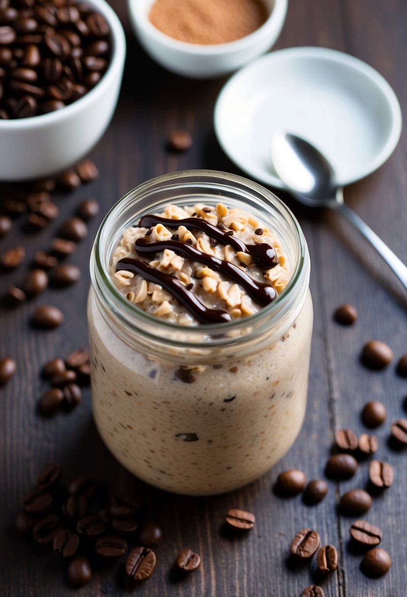 These 23 Overnight Oats Recipes Will Transform Your Morning Routine 11 A glass jar filled with mocha overnight oats, surrounded by scattered coffee beans and a drizzle of chocolate syrup