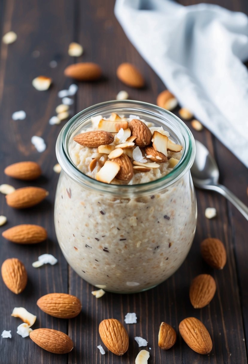 These 23 Overnight Oats Recipes Will Transform Your Morning Routine 12 A glass jar filled with almond joy overnight oats, surrounded by scattered almonds and coconut flakes on a wooden table