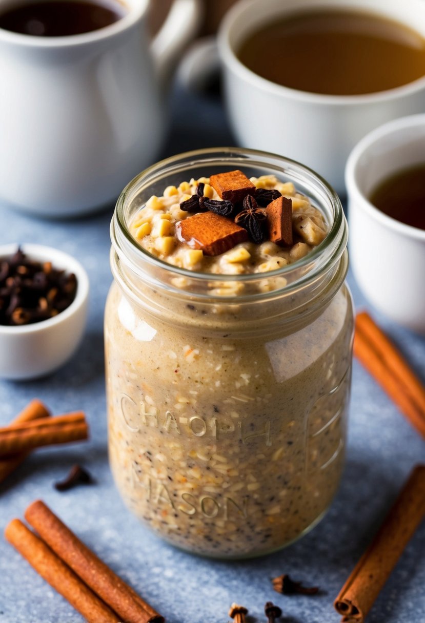 These 23 Overnight Oats Recipes Will Transform Your Morning Routine 13 A cozy kitchen scene with a mason jar filled with spiced chai overnight oats, surrounded by ingredients like cinnamon sticks, cloves, and a steaming cup of chai tea