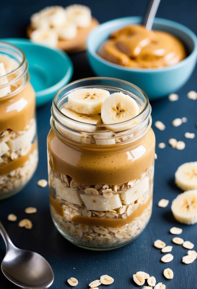 These 23 Overnight Oats Recipes Will Transform Your Morning Routine 14 A mason jar filled with layers of oats, peanut butter, and sliced bananas, surrounded by scattered oats and a spoon