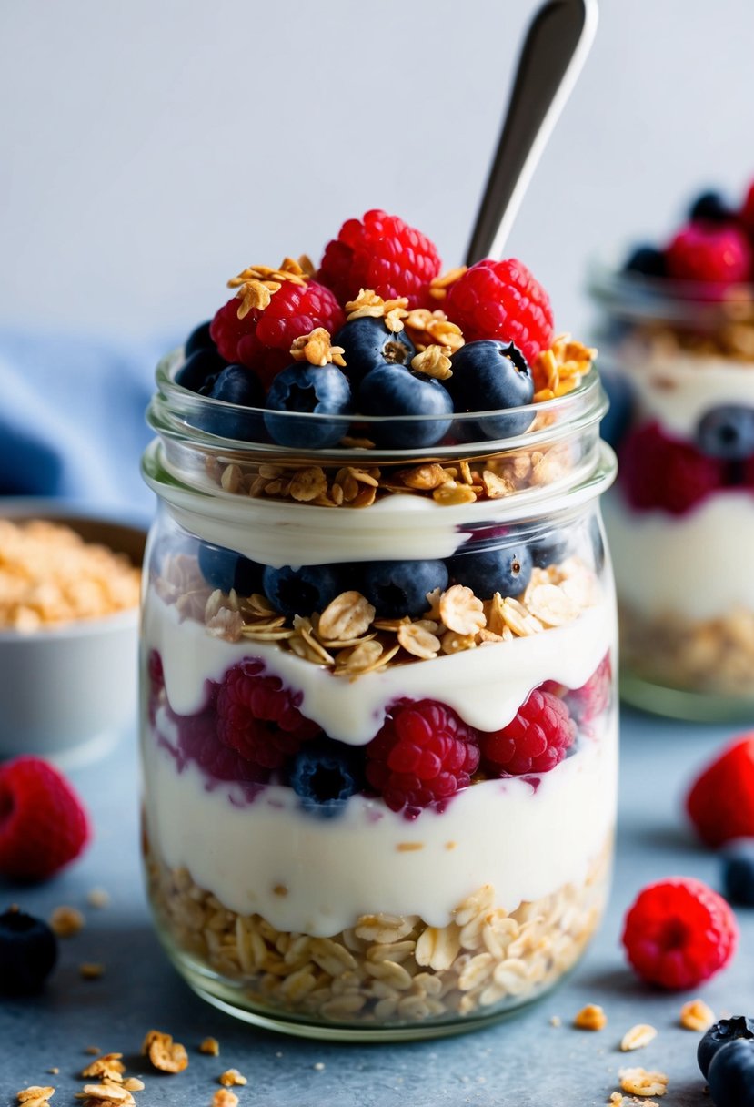 These 23 Overnight Oats Recipes Will Transform Your Morning Routine 17 A glass jar filled with layers of oats, raspberries, and vanilla yogurt, topped with fresh berries and a sprinkle of granola