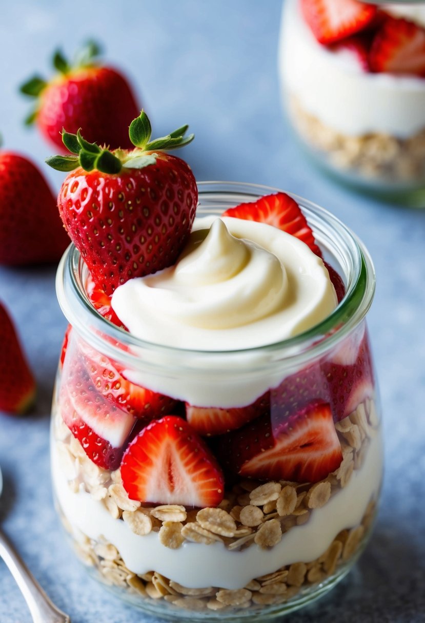 These 23 Overnight Oats Recipes Will Transform Your Morning Routine 18 A glass jar filled with layers of oats, yogurt, and strawberries, topped with a dollop of cream cheese, and garnished with a fresh strawberry