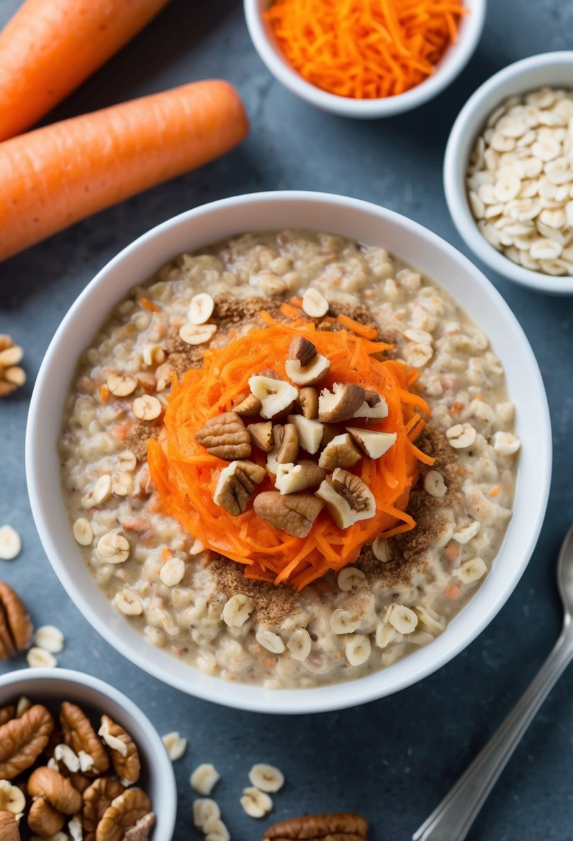 These 23 Overnight Oats Recipes Will Transform Your Morning Routine 19 A bowl of carrot cake overnight oats surrounded by ingredients like carrots, oats, cinnamon, and nuts. A spoon rests on the side