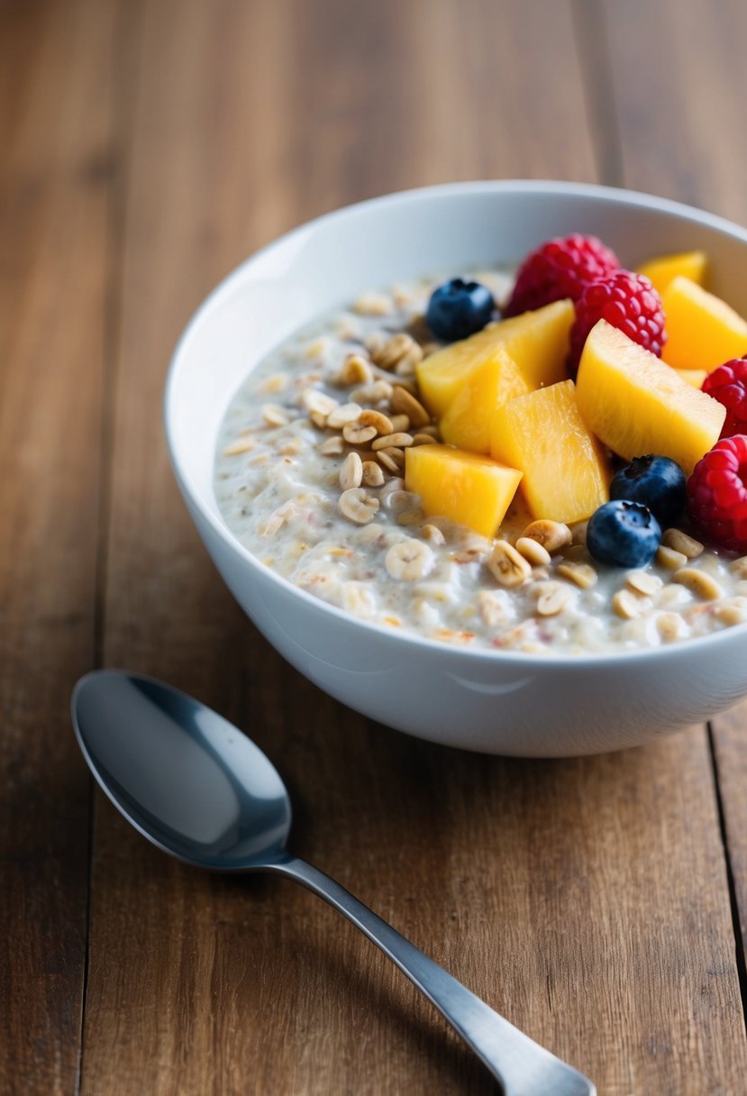 These 23 Overnight Oats Recipes Will Transform Your Morning Routine 20 A bowl of overnight oats with tropical fruit toppings on a wooden table with a spoon beside it