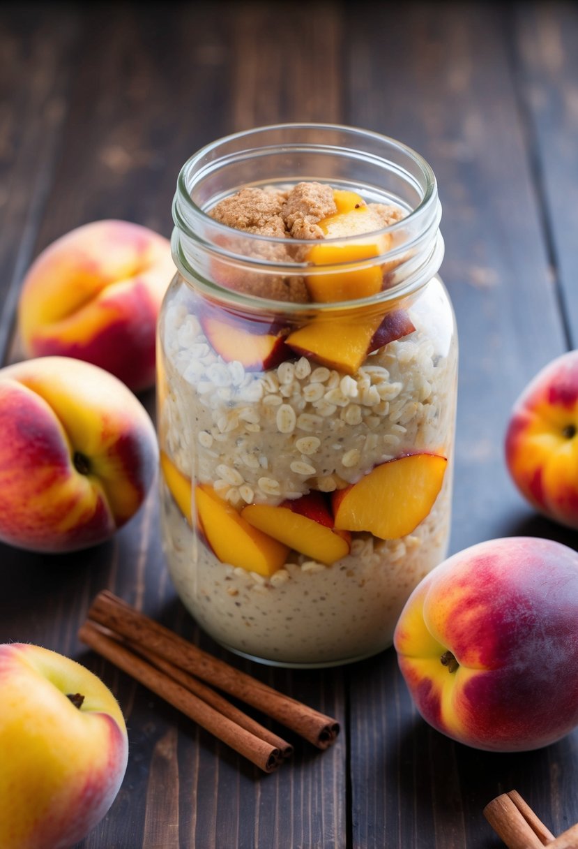 These 23 Overnight Oats Recipes Will Transform Your Morning Routine 21 A mason jar filled with peach cobbler overnight oats surrounded by fresh peaches and cinnamon sticks on a wooden table