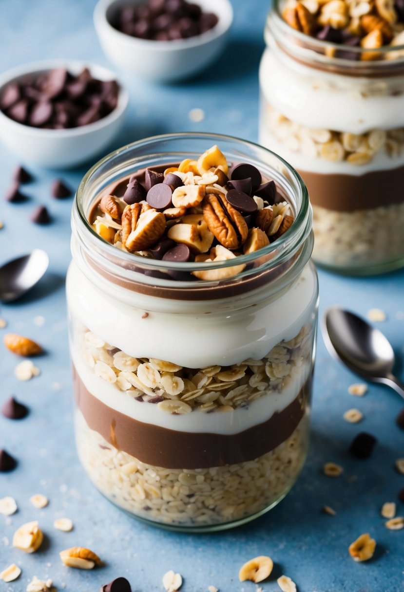 These 23 Overnight Oats Recipes Will Transform Your Morning Routine 22 A glass jar filled with layers of oats, yogurt, and cocoa, topped with nuts and chocolate chips, surrounded by scattered ingredients