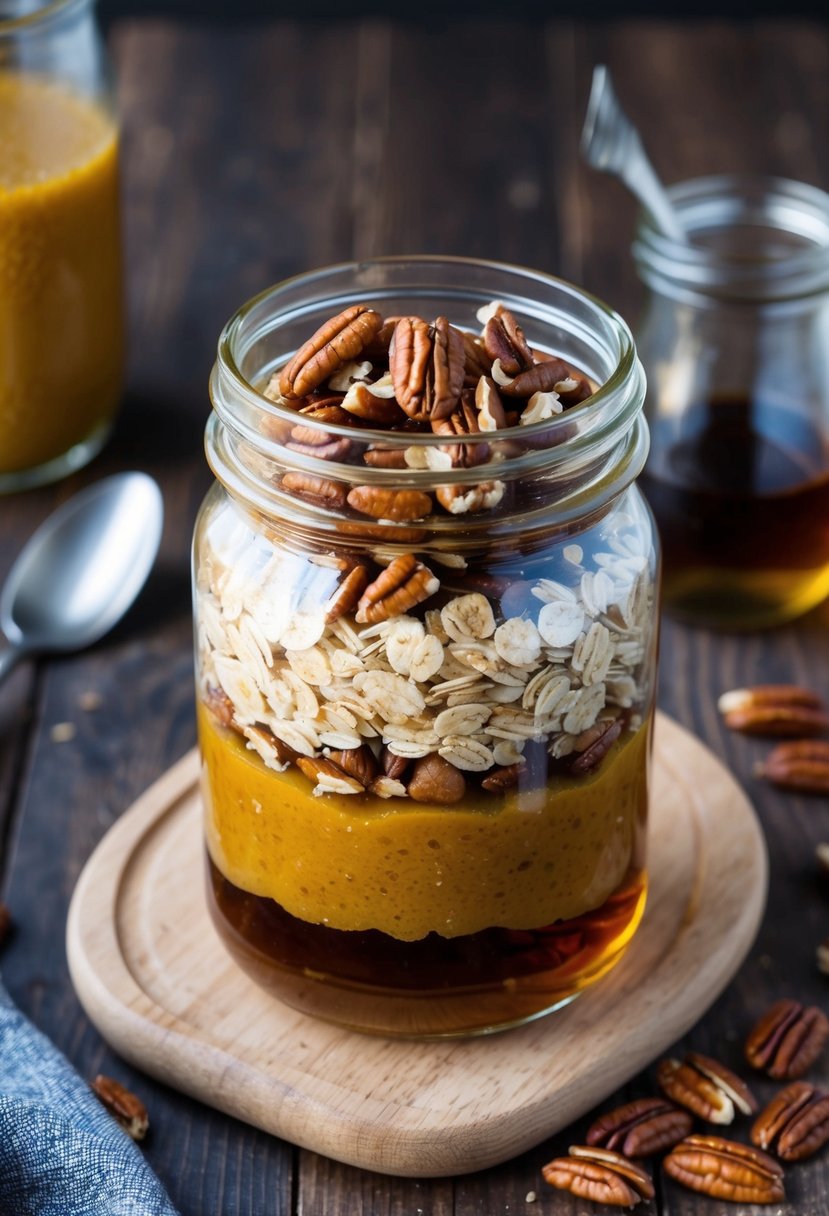 These 23 Overnight Oats Recipes Will Transform Your Morning Routine 23 A glass jar filled with layers of oats, maple syrup, and pecans, set on a wooden table with a spoon and a scattering of pecans
